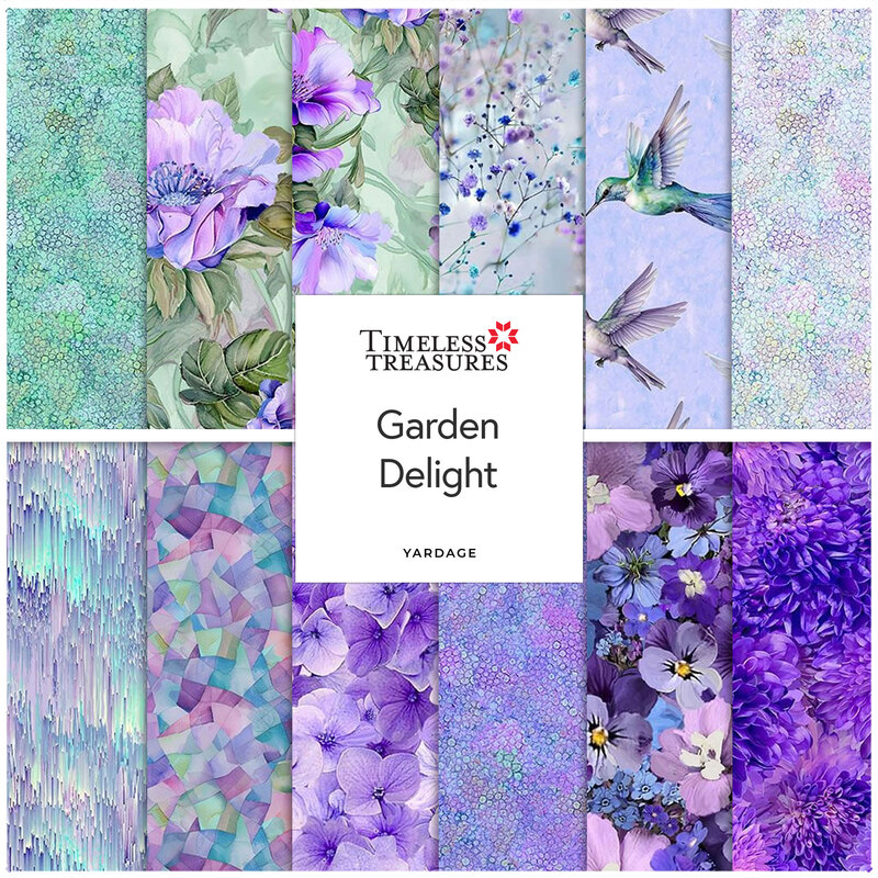 A collage of fabric swatches featuring floral and abstract patterns in green and purple hues.