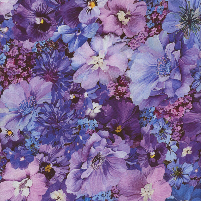 A vibrant assortment of purple flowers, including pansies and anemones, creating a lush floral pattern.