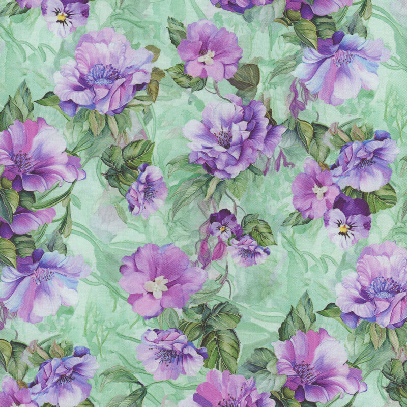 A vibrant pattern of purple flowers against a soft green background.