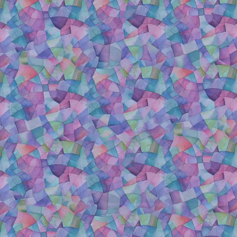 Abstract pattern of interconnected shapes in pastel colors, including purple, blue, green, and pink.