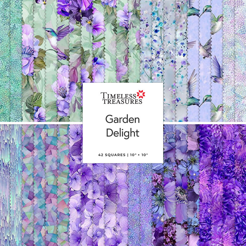 A colorful fabric display featuring purple and floral patterns, labeled Garden Delight.