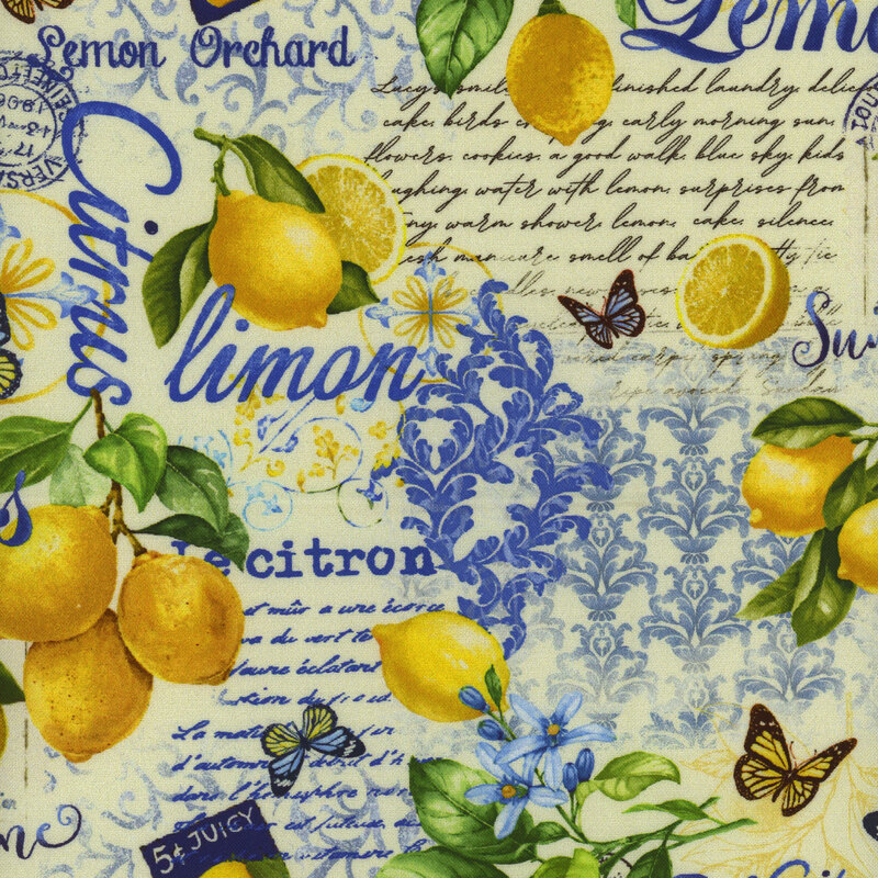 A decorative pattern featuring lemons, butterflies, and floral designs in blue and yellow tones.