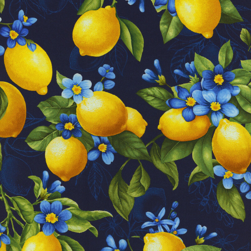 Seamless pattern of bright yellow lemons and blue flowers on a dark navy background.