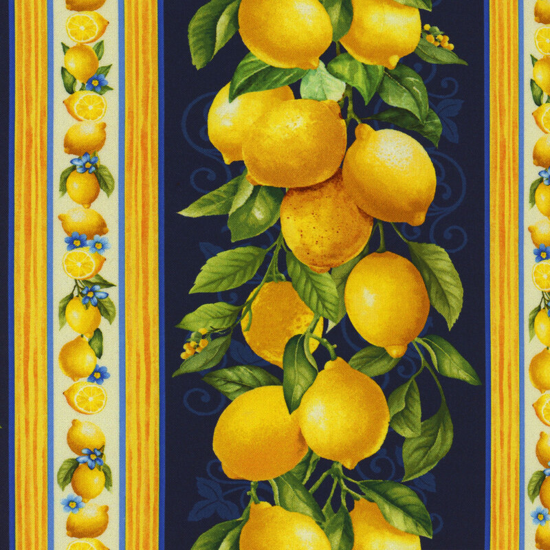 A patterned design featuring bright yellow lemons and blue flowers on a dark background.