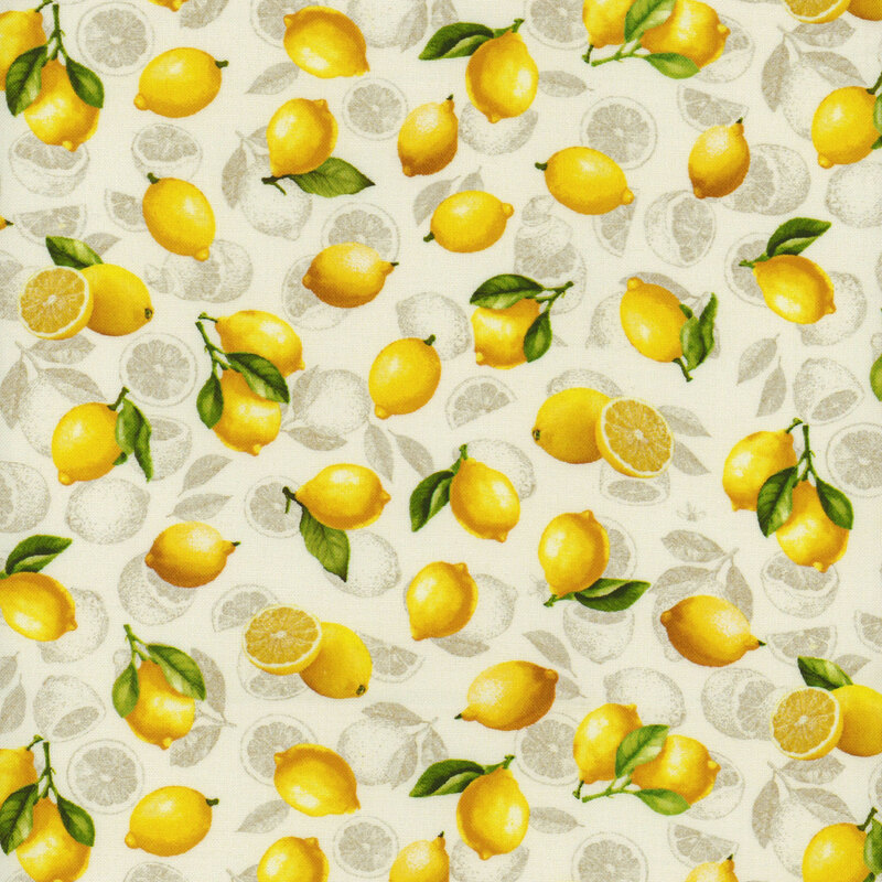 Pattern featuring yellow lemons and leaves on a light background, with scattered lemon slices.