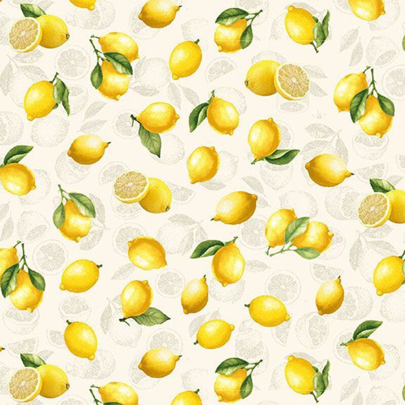 Pattern featuring yellow lemons and leaves on a light background, with scattered lemon slices.