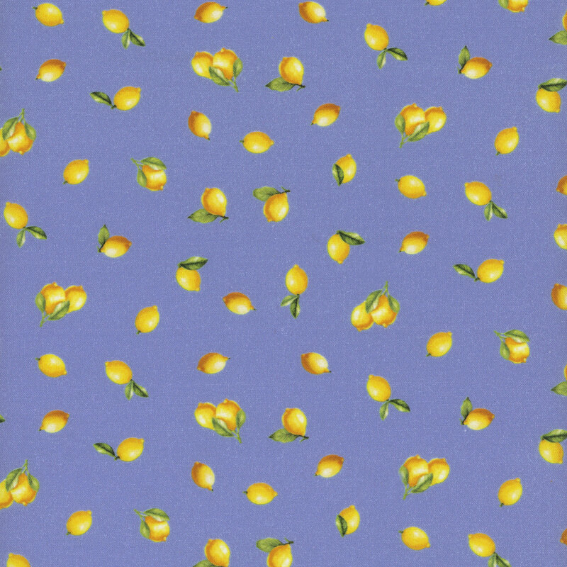 A repeated pattern of yellow lemons on a light blue background.