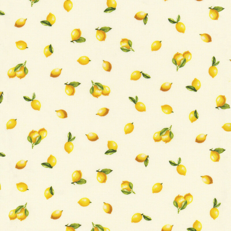 Pattern of small yellow lemons with green leaves on a light yellow background.