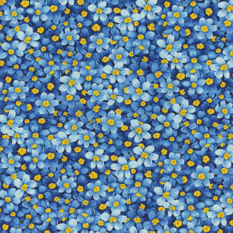 A repeating pattern of small blue and white flowers with yellow centers on a blue background.