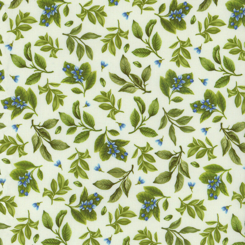 Seamless floral pattern featuring blue flowers and green leaves on a light background.