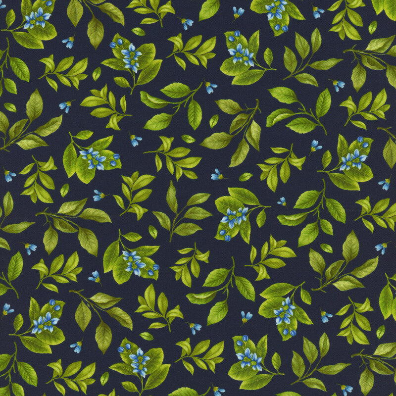 Floral pattern featuring blue flowers and green leaves on a dark blue background.