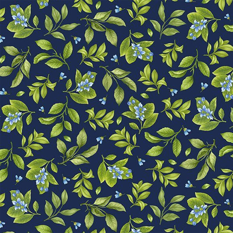 Floral pattern featuring blue flowers and green leaves on a dark blue background.