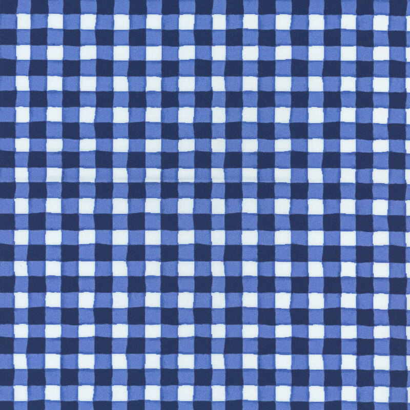 Blue and white checkered pattern with uniform squares arranged in a grid layout.