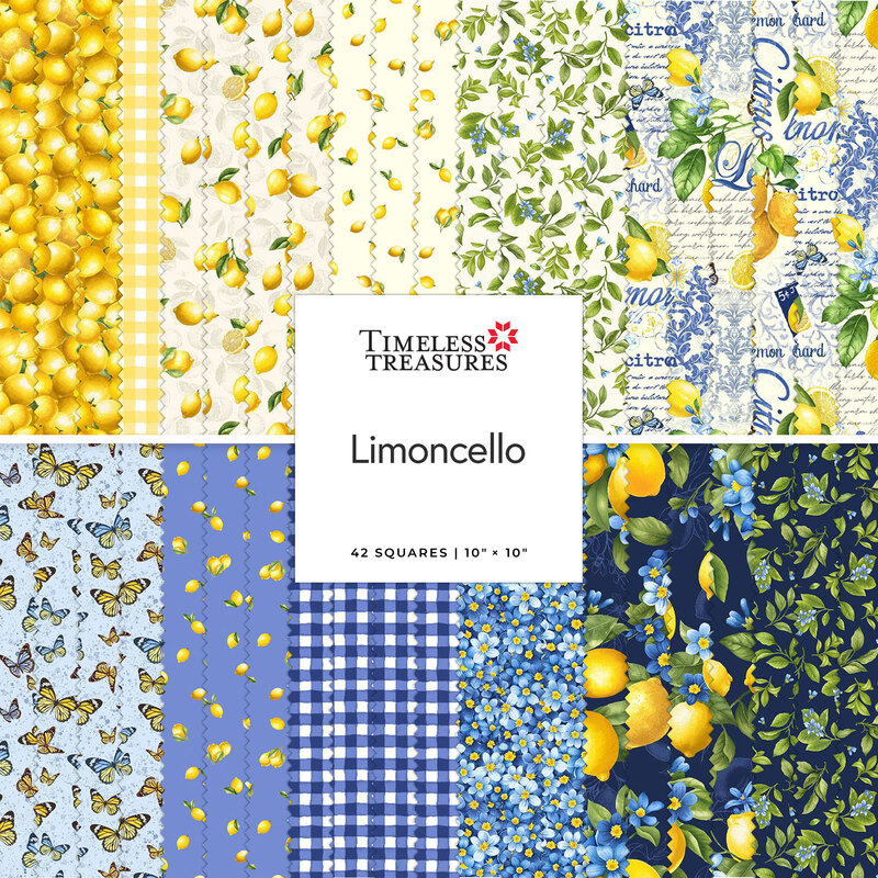 A collage of fabric swatches in yellow and blue featuring lemons, butterflies, and floral patterns.