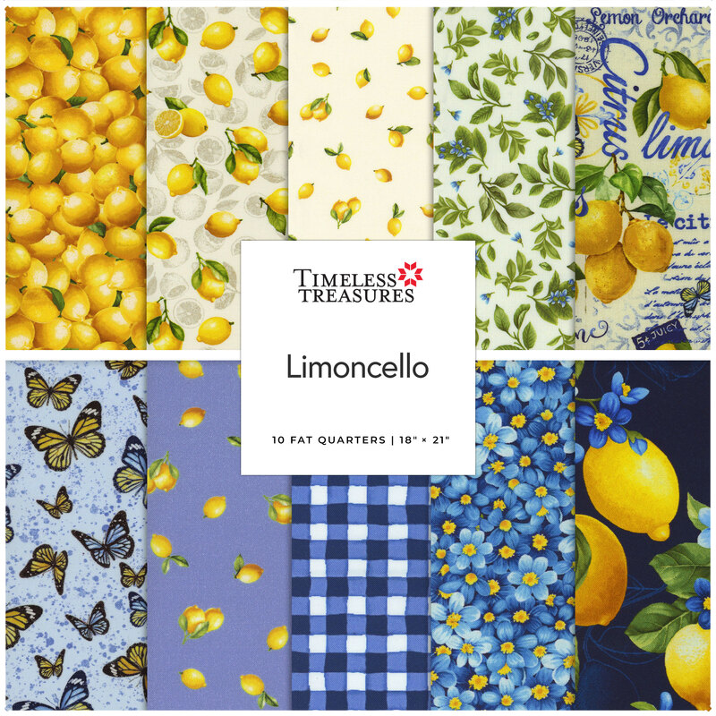 A collage of fabric swatches in yellow and blue featuring lemons, butterflies, and floral patterns.