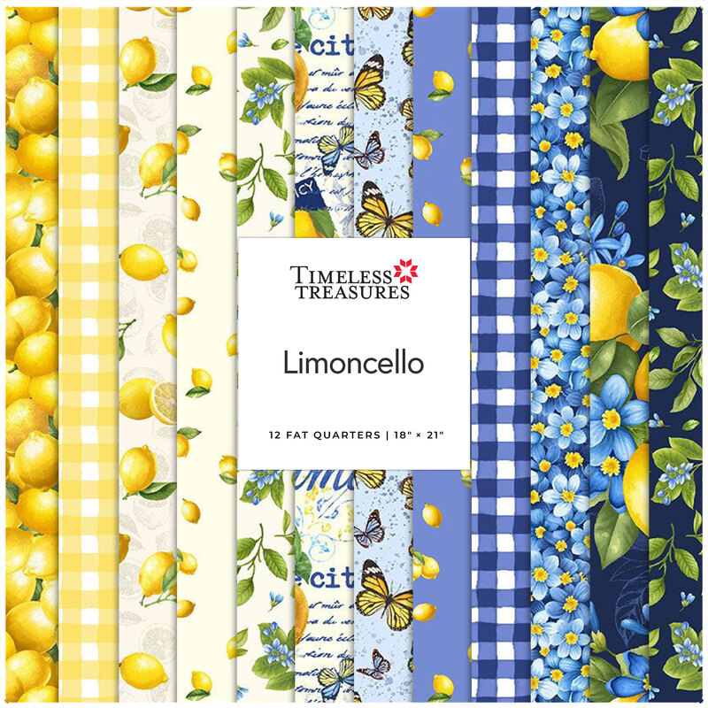 Fabric panel featuring yellow and blue patterns with lemons, butterflies, and florals titled Limoncello.