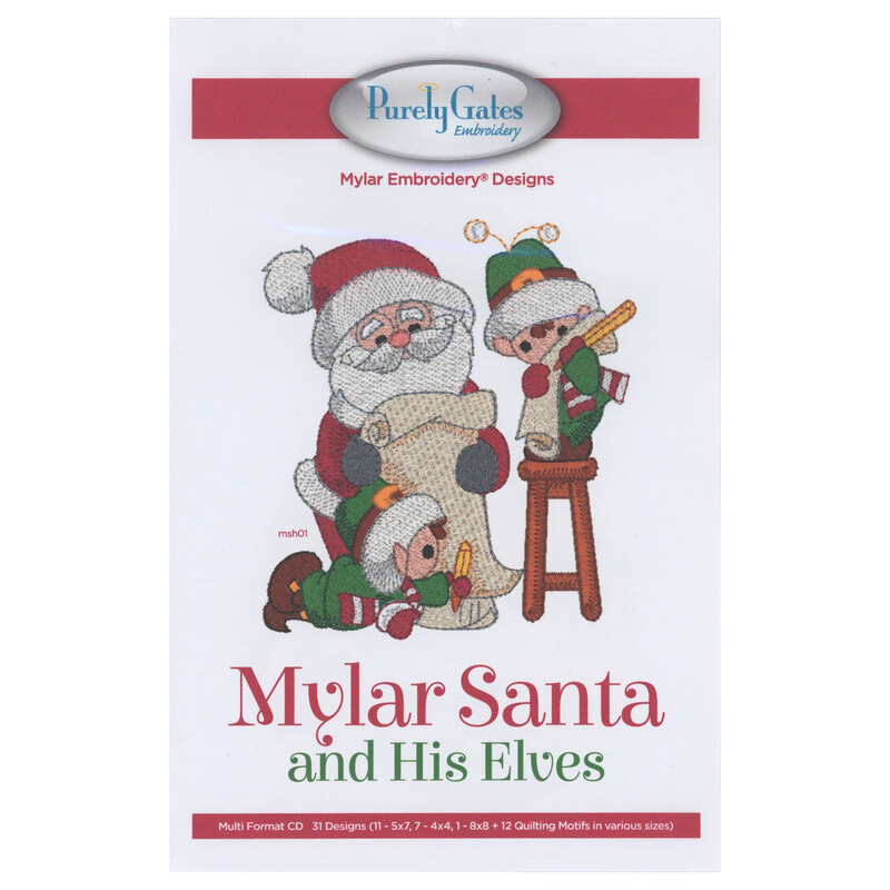 Front of Mylar Santa and His Elves pattern featuring an embroidered santa and his elves going over the naughty and nice list.