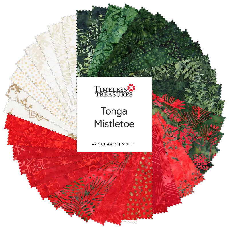 A spiraled collage of green, red, and white batik fabrics with a Timeless Treasures Tonga Mistletoe card in the center