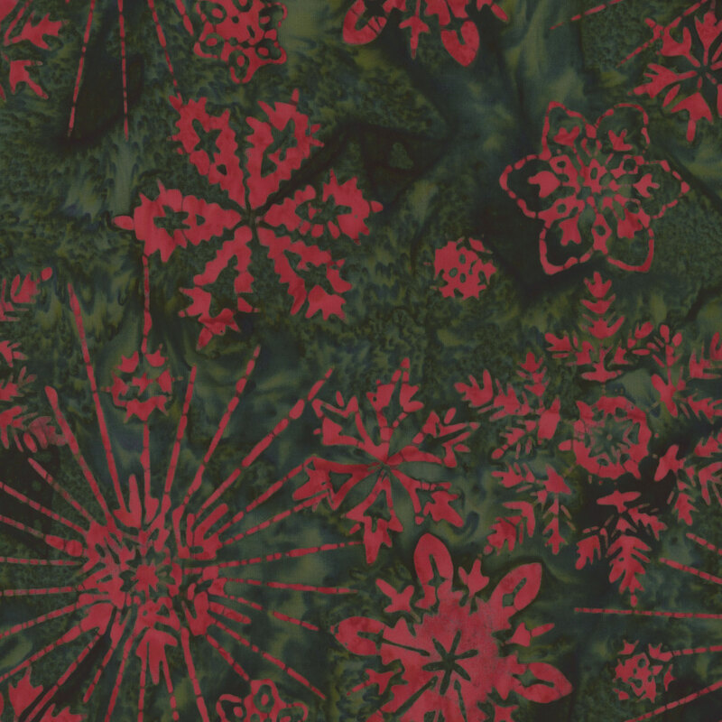 Red snowflake patterns on a dark green background, creating a festive design.