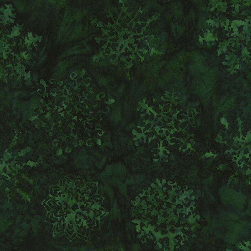 Dark green background featuring various intricate snowflake patterns in lighter green hues.