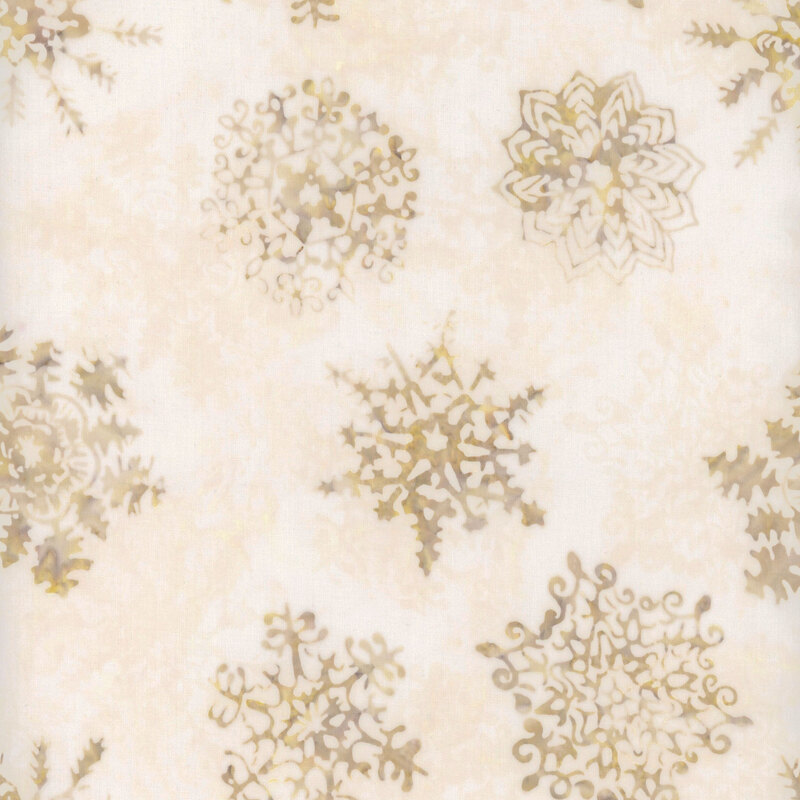 Pattern featuring various gold snowflakes on a light beige background.