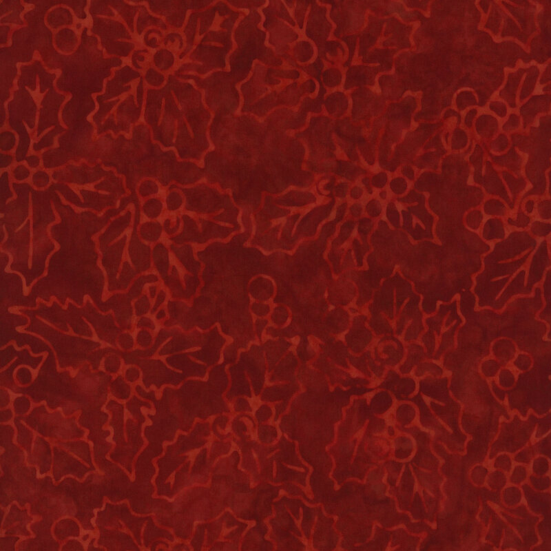 Red background with a subtle pattern of holly leaves and berries.