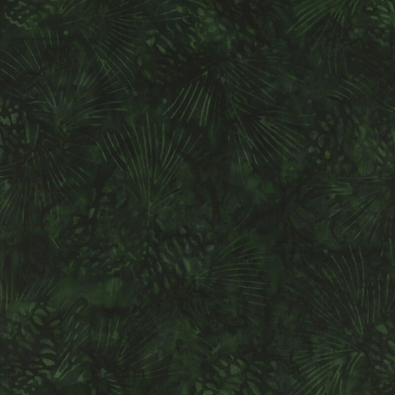 Dark green background featuring a subtle pattern of leaves and tropical foliage shapes.