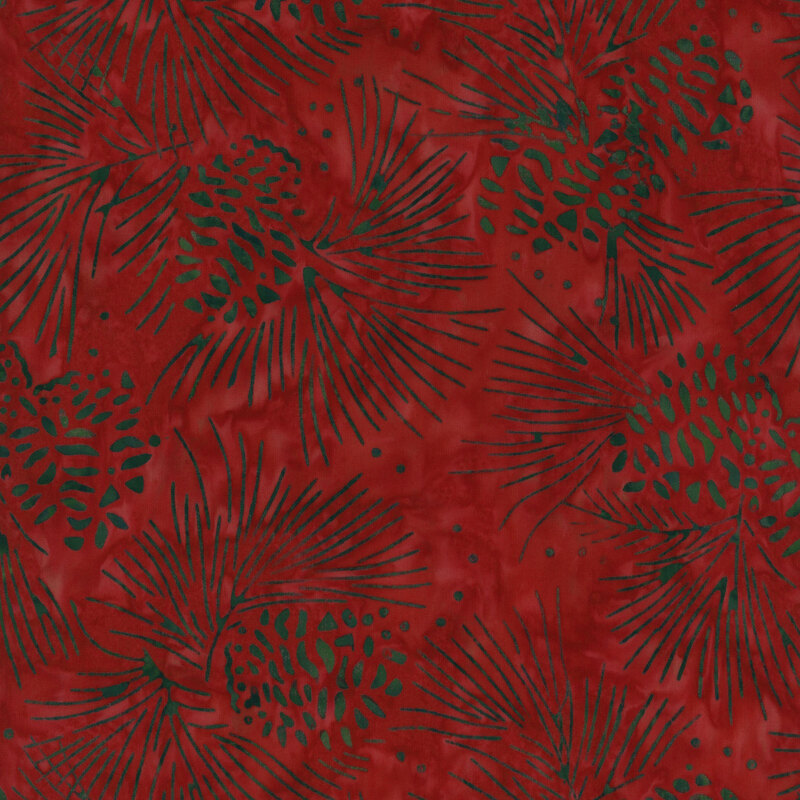 Red background featuring green tropical leaves and patterns, creating a vibrant, textured design.