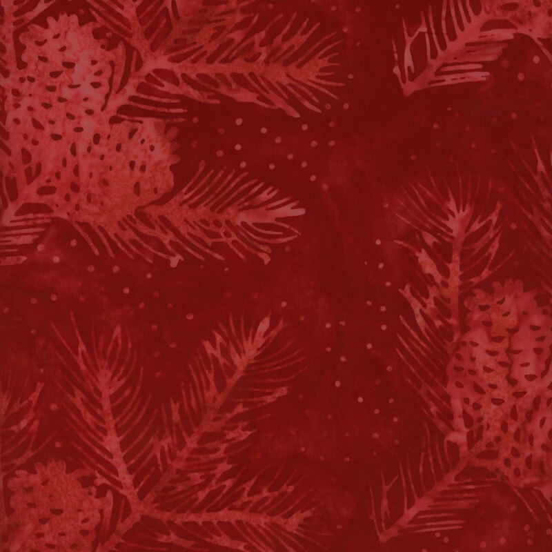 Red background with a subtle pattern of pinecones and branches, creating a textured, seasonal feel.