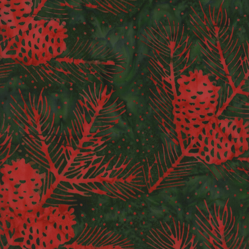 Red pinecones and branches layered on a dark green background, creating a festive pattern.