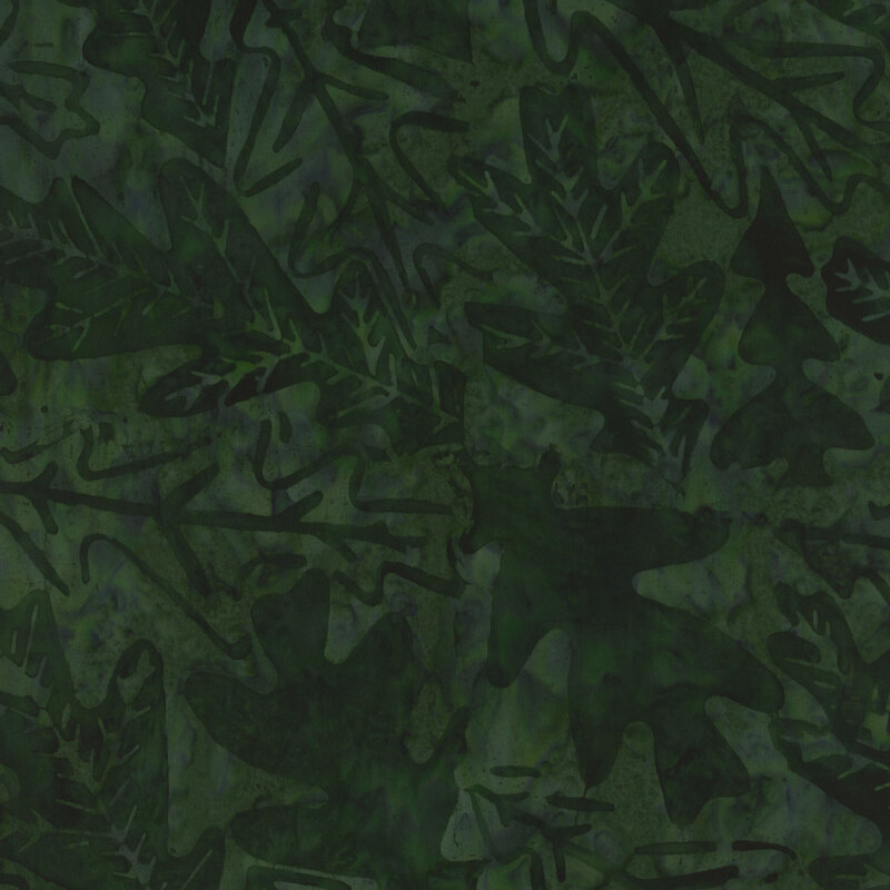 A dark green abstract pattern featuring various leaf shapes and textures.