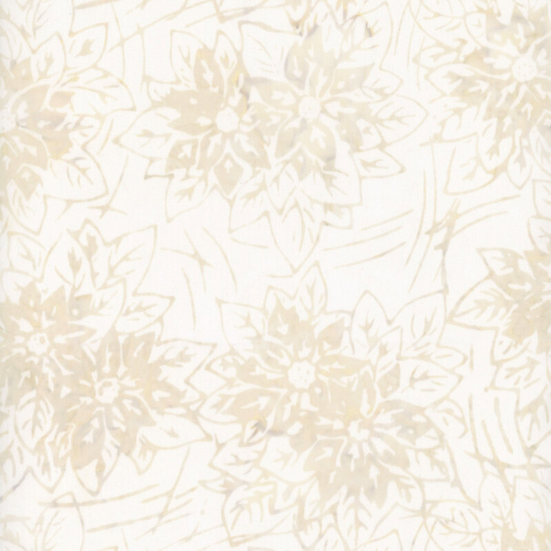 Light-colored fabric featuring a floral pattern with beige flowers and leaves on a white background.