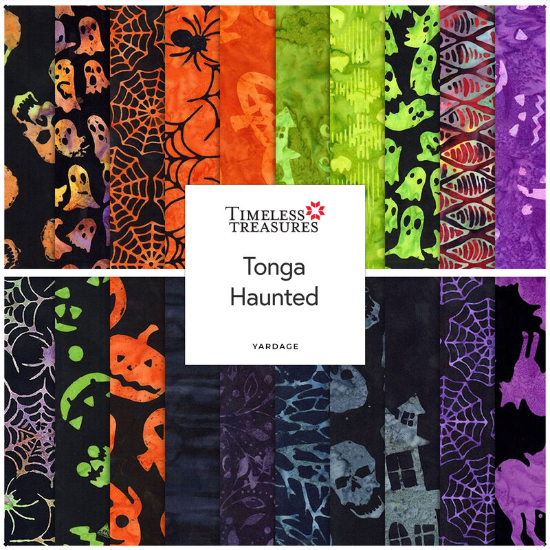 A stacked collage of black, green, orange, and purple batik fabrics with a Tonga Haunted card in the center