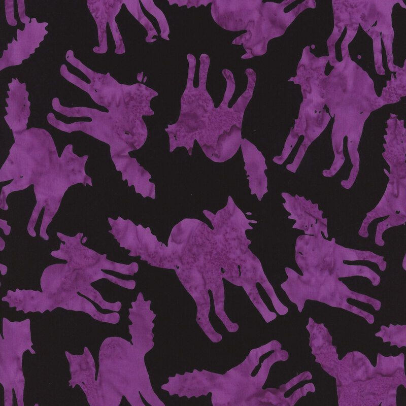 Purple silhouettes of various foxes against a black background, creating a playful pattern.