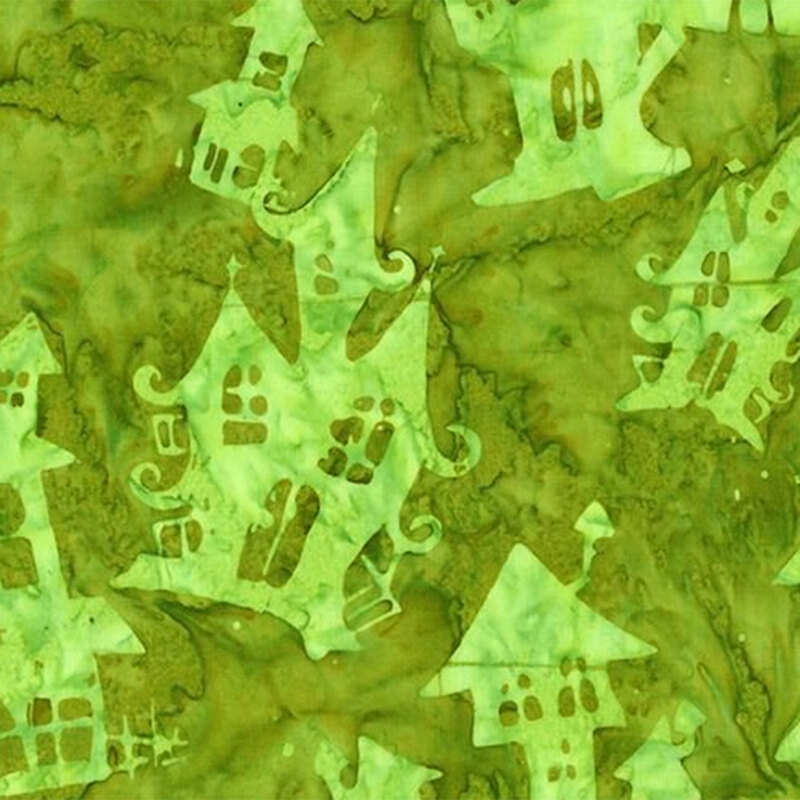 Mottled green batik with light green haunted houses throughout