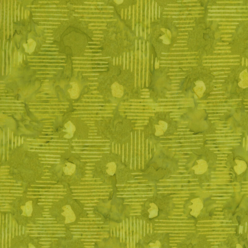 A textured green fabric pattern featuring abstract floral shapes and thin stripes.