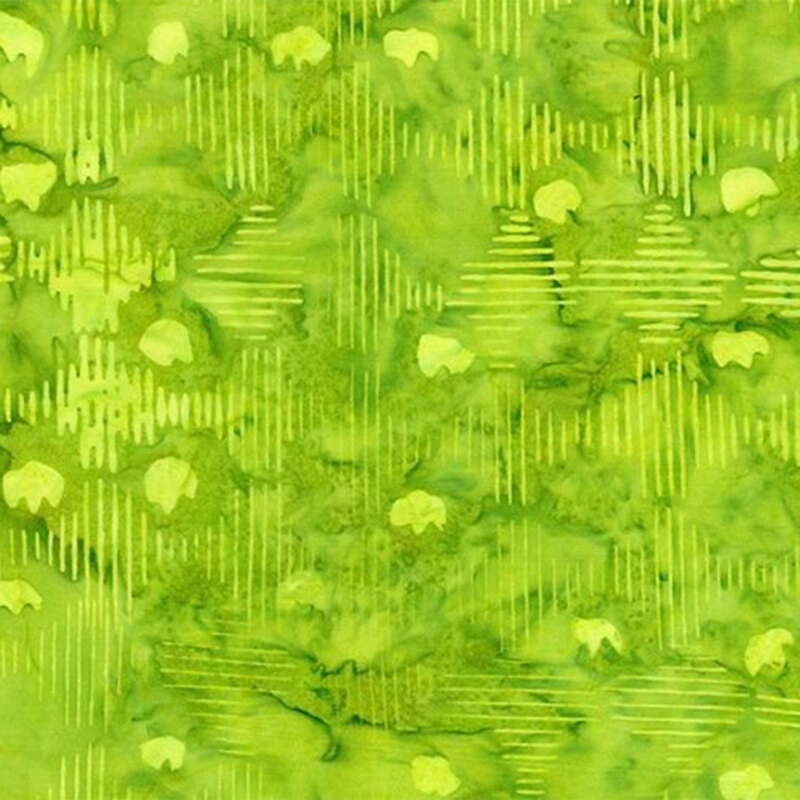 Bright green tonal mottled batik with dashed lines and ghosts