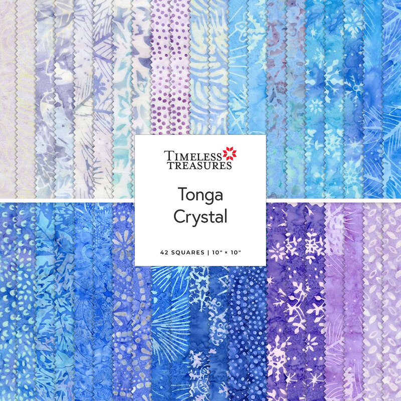 A stacked collage of cream, blue, and purple batiks with a Tonga Crystal by Timeless Treasures tag in the center