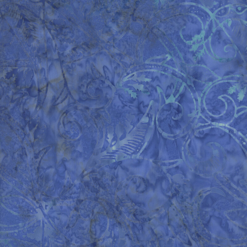 Abstract textured pattern in various shades of blue, with intricate swirls and floral motifs.