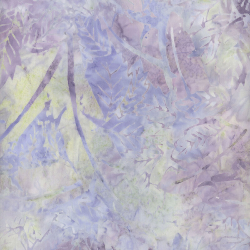 Abstract batik pattern featuring soft pastel leaves in blues and purples against a light background.