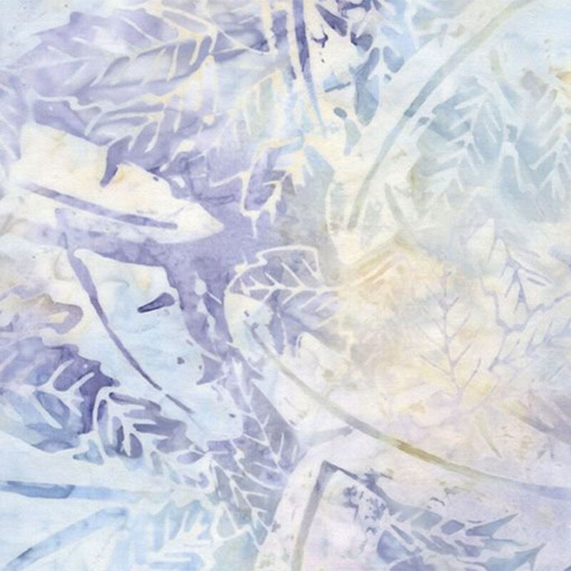 Abstract batik pattern featuring soft pastel leaves in blues and purples against a light background.