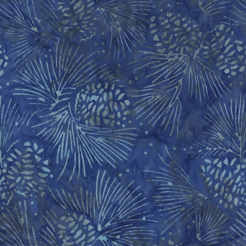 Blue fabric pattern featuring light blue pine sprigs and pinecones.