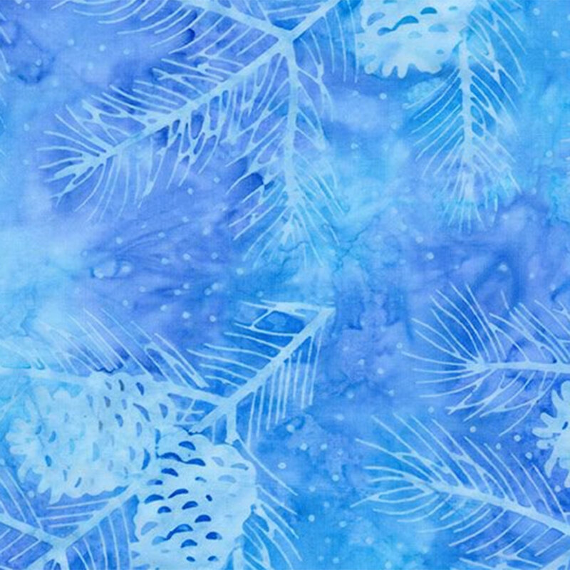 Blue textured batik featuring light blue outlines of pine branches and cones.