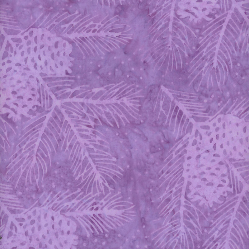 Light purple batik fabric with lavender pinecones and pine branches.