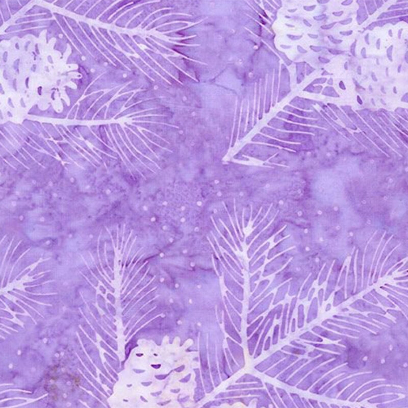 Light purple batik fabric with lavender pinecones and pine branches.