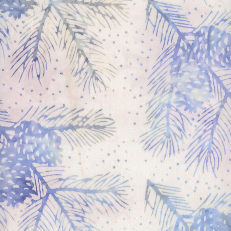 Batik fabric pattern of pine branches and cones in shades of blue on a soft, light background.