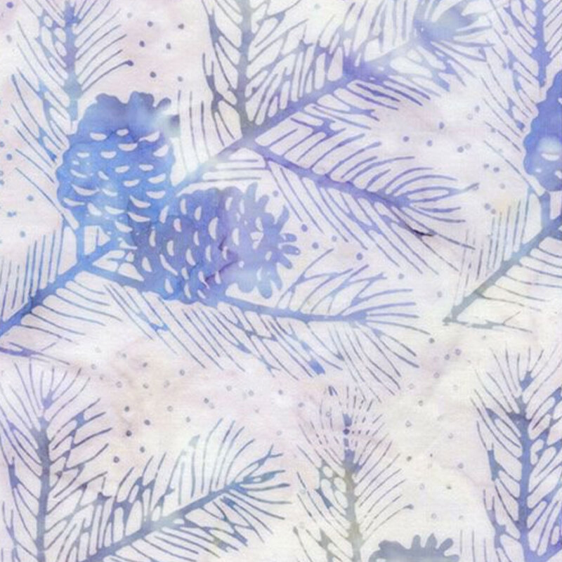 Batik fabric pattern of pine branches and cones in shades of blue on a soft, light background.