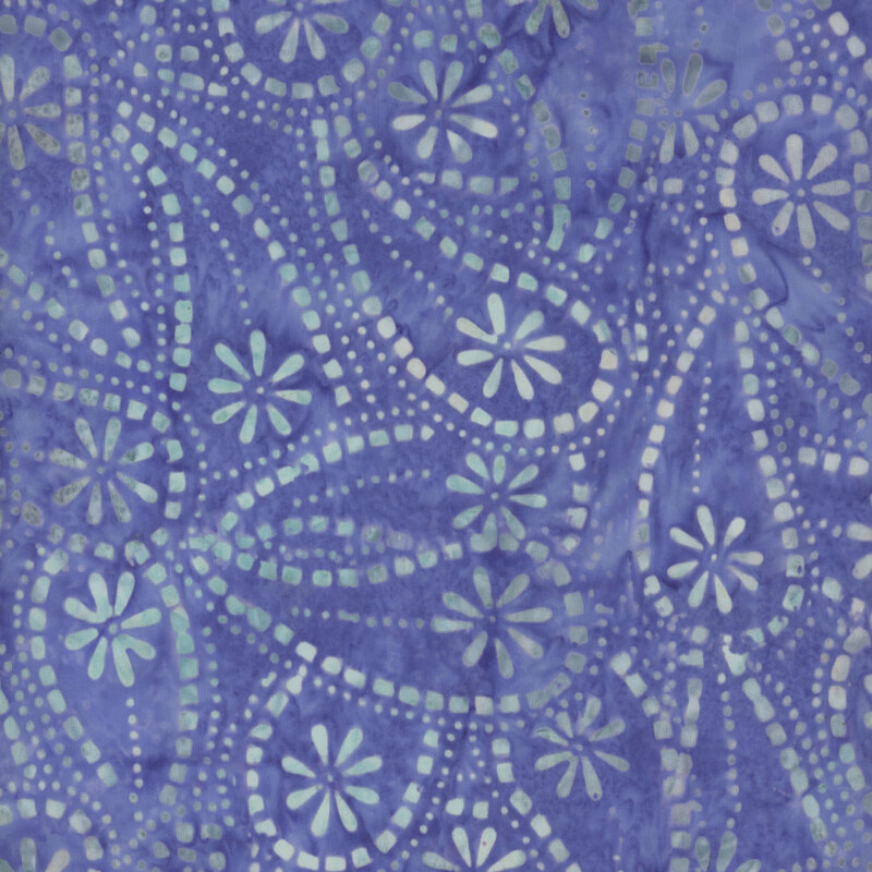 Blue fabric featuring paisleys and floral motifs in lighter gray shades.