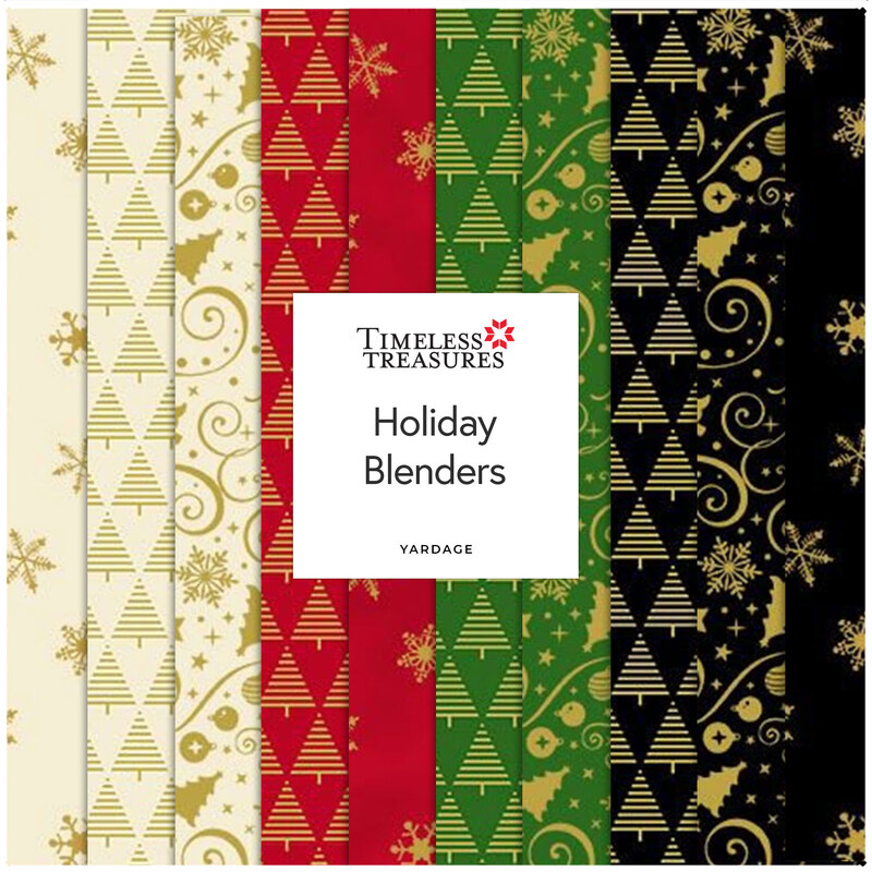 A collection of holiday-themed fabric swatches in green, red, black, gold, and cream patterns.