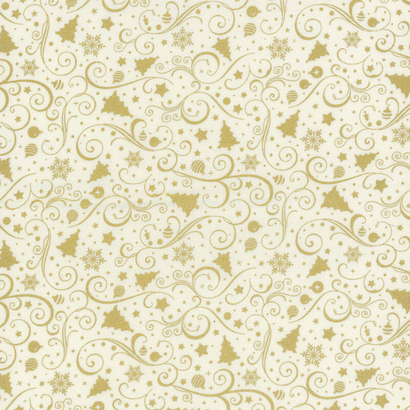 A decorative pattern featuring gold swirls, Christmas trees, ornaments, snowflakes, and stars on a cream background.